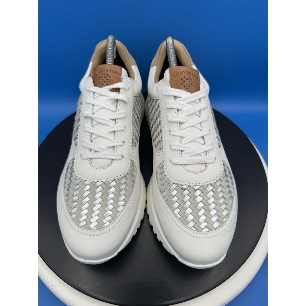 Lucky Brand Deva Womens 9.5M Woven White Silver Leather Sneakers Shoes NEW